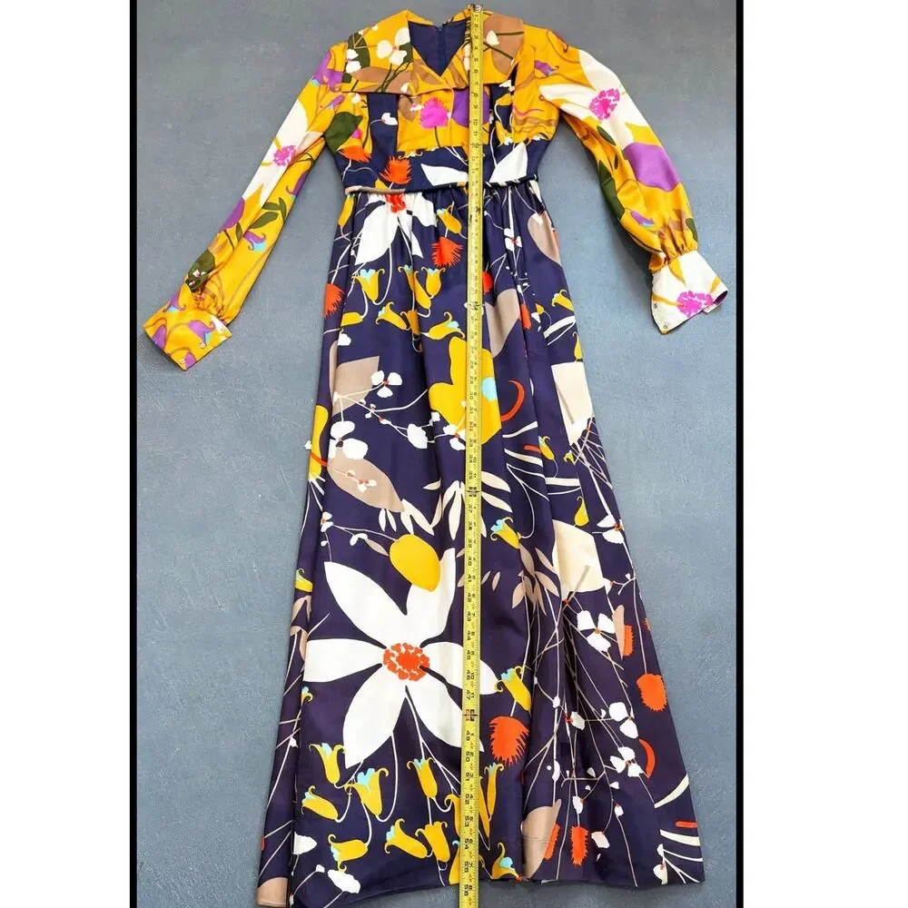 Vintage 60s Flower Power Multi-Color Rayon Long Sleeve Dress S festival - Picture 9 of 9